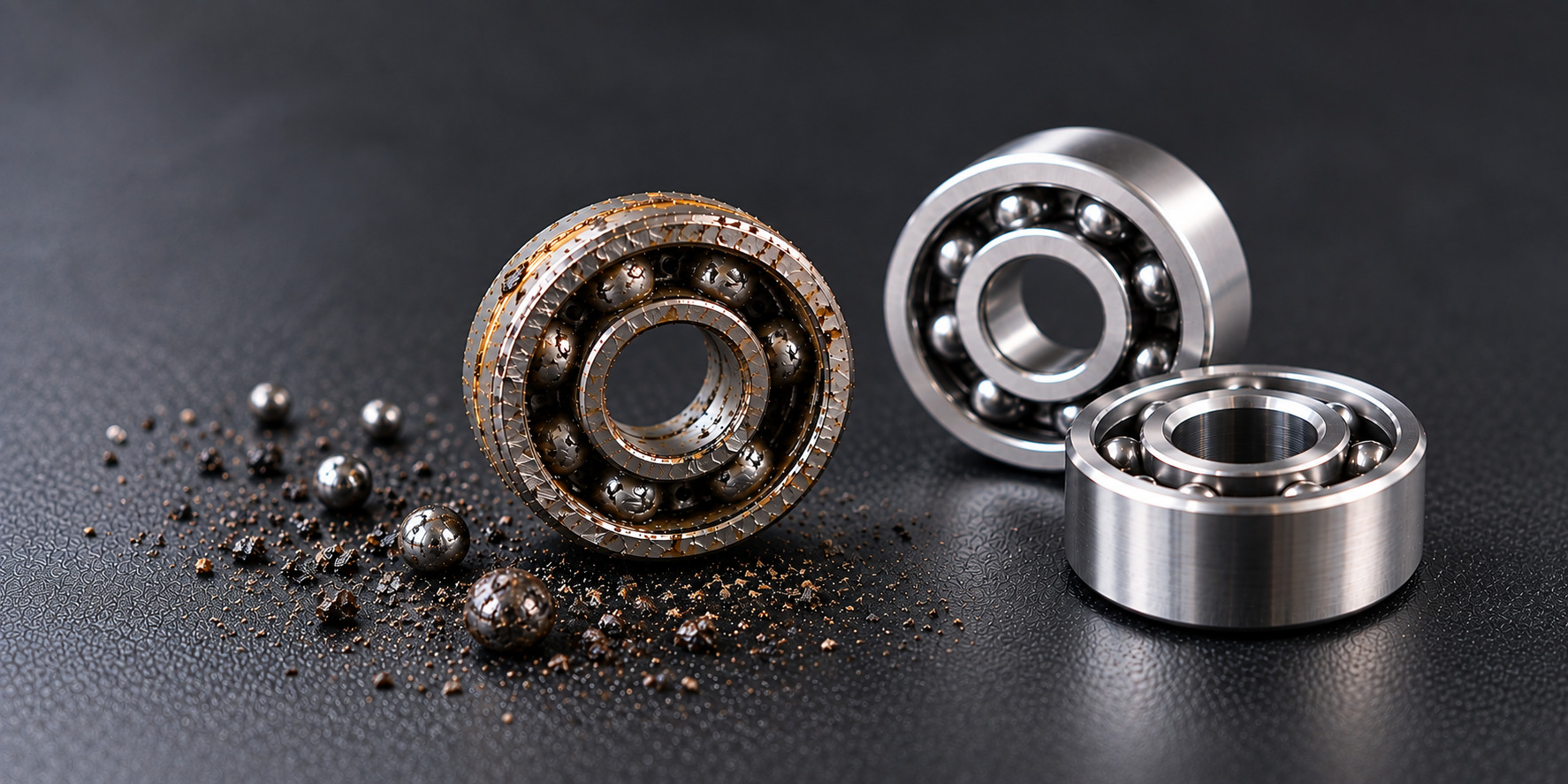 Worn dental handpiece bearing beside new replacement bearings